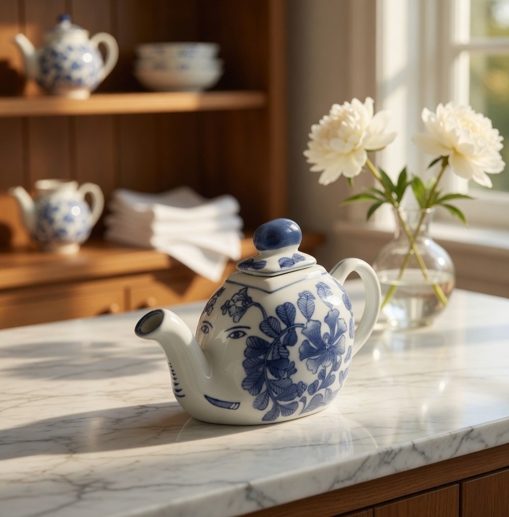 Vintage Blue White Porcelain Elephant Teapot Floral Face Detail Chinese Mark 8x6